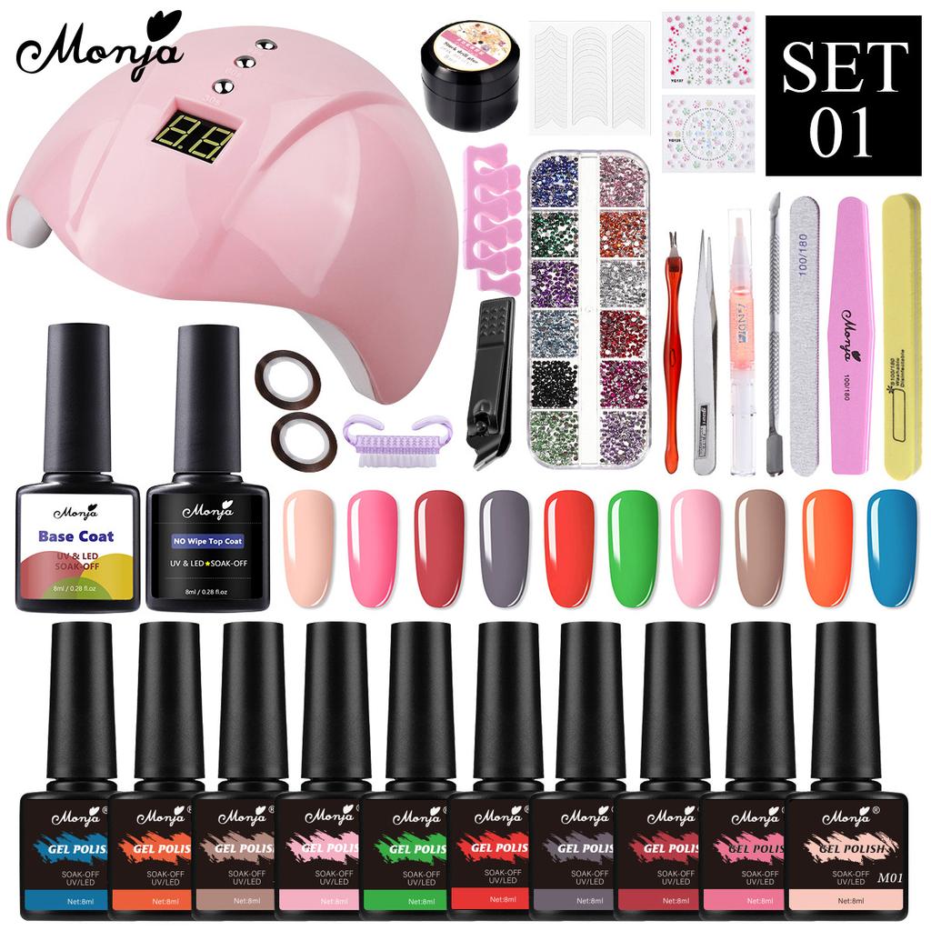monja 10 шт., набор гель-лаков для ногтей, 36 Вт, УФ-светодиодная лампа, 8 мл, базовое верхнее покрытие, лак для ногтей, наклейки со стразами, украшение, маникюрный набор