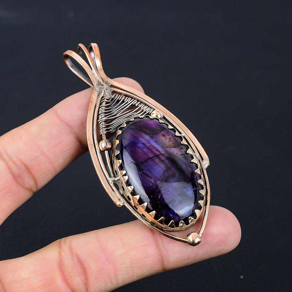 Purple Flash Labradorite Gemstone Jewelry Pure Copper Wire Wrapped Handmade Pendant