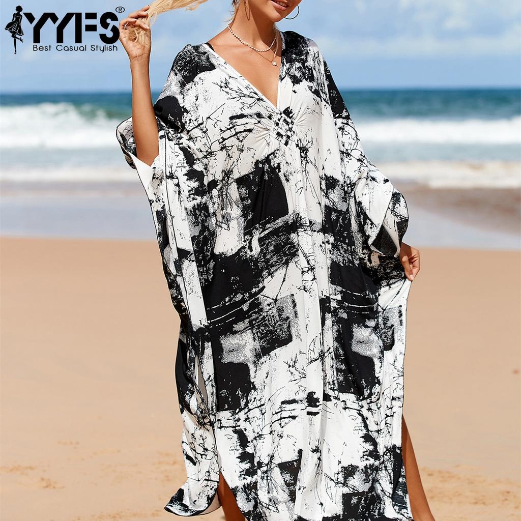 YYFS Женская мода отпуск лето весна черно-белый цветной принт с длинным рукавом и v-образным вырезом повседневные платья