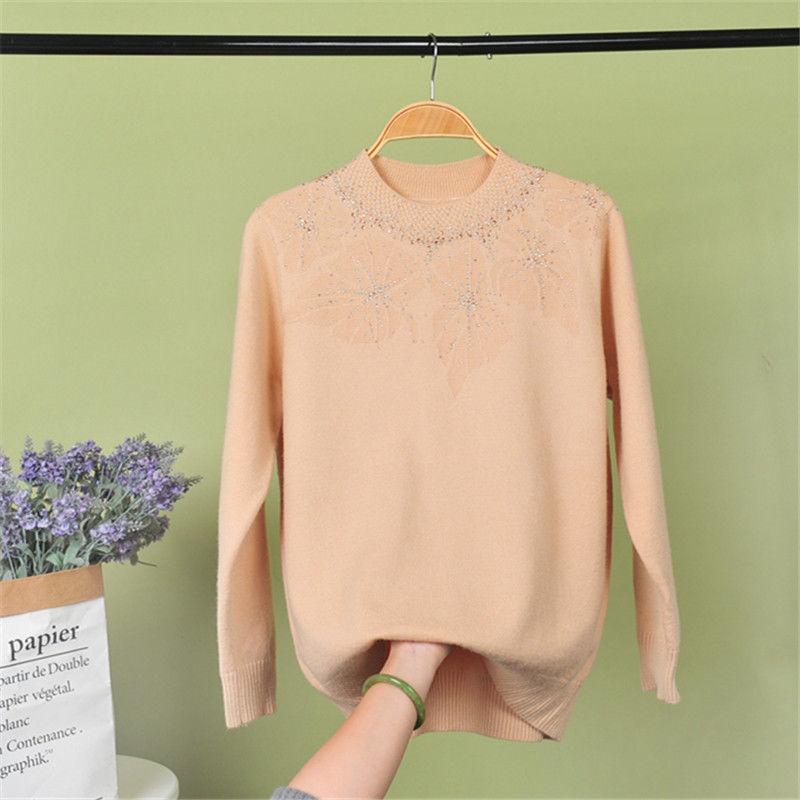 Women's Half High Collar Solid Printing Knitted Autumn and Winter Pullover Long Sleeve Embroidery Fashion Sweater