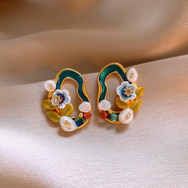 Silver Needle Monet Garden Drip Earrings French Court Style Exquisite Stud Earrings Design Sense Niche Light Luxury Earrings