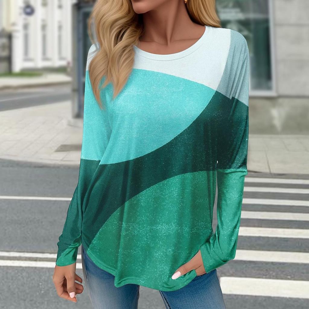 Women Geometric Print Winter Cotton T Shirt Contrast Vintage Long Sleeve Printed Loose Shirts Top Spring Autumn Elegant Lady Tee