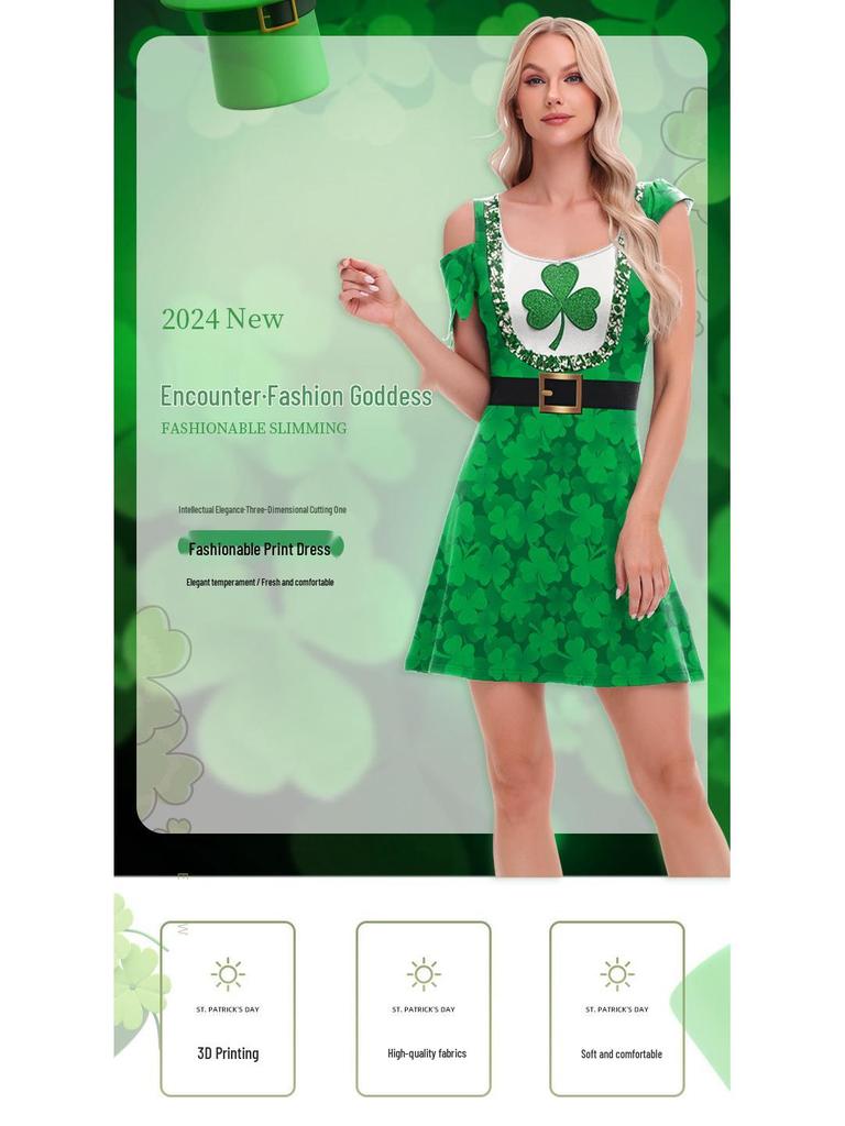Clover St. Patrick's Day Irregular Sleeve Dress with Digital Print Skirt for Women