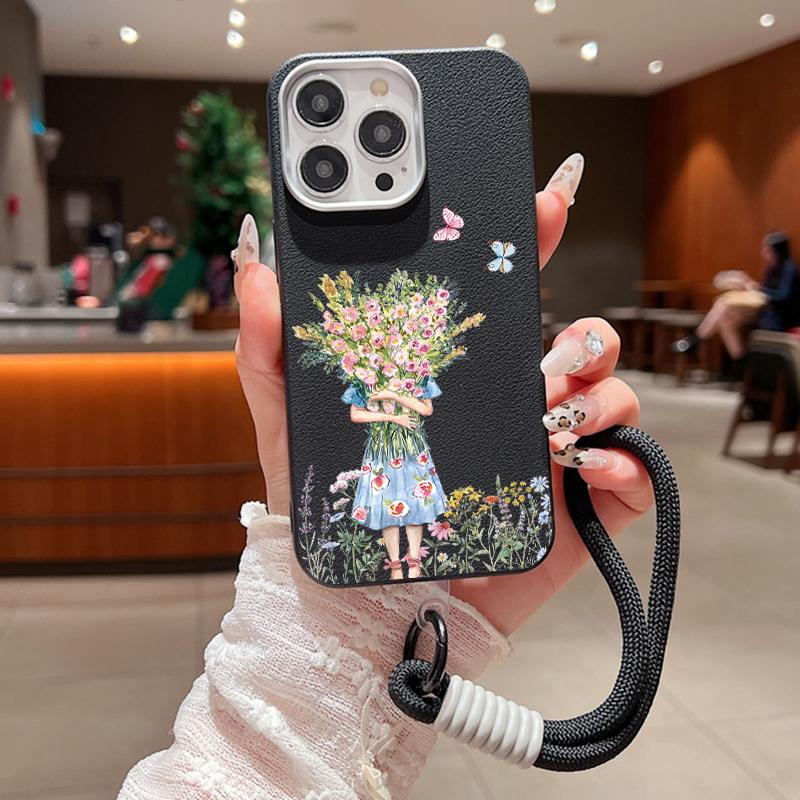 Модный матовый противоударный чехол из ТПУ с цветочным принтом для iPhone 16 Pro Max 15 Pro 14 13 12 11, мягкий ремешок для защиты линз, тонкий кожаный чехол для телефона с текстурой