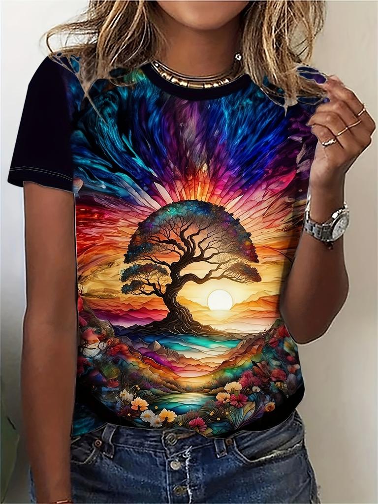 Женская футболка с коротким рукавом, цифровая 3D-печать, красивый рисунок пейзажа, круглый вырез, повседневный короткий рукав