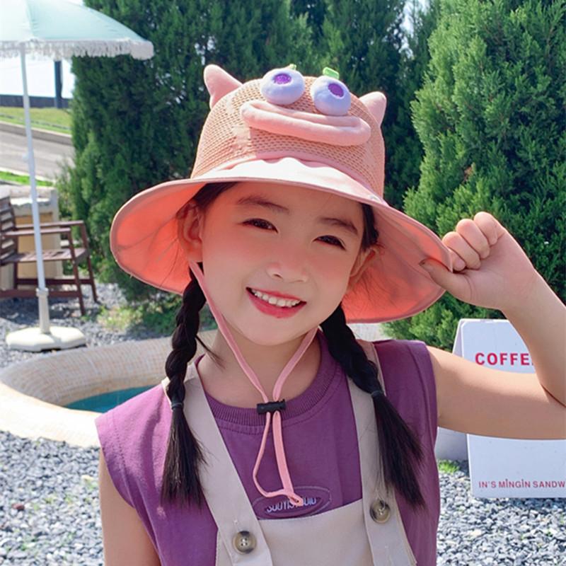 Kids Summer UV Protection Sun Hat Boys Girls Cartoon Mesh Breathable Wide Brim Fisherman Cap for Outdoor Shade