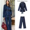 Denim Pants Set Women Belt Lapel Buttons Shirt High Waist Wide Leg Trousers Sets Lady Vintage Single Breasted Top Suit Female