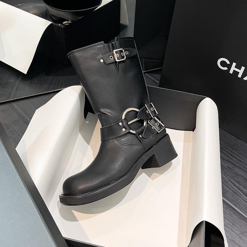 Ботинки из натуральной кожи женские до середины голени с металлической пряжкой дизайнерские женские ботильоны в стиле ретро на толстом каблуке и платформе Botines