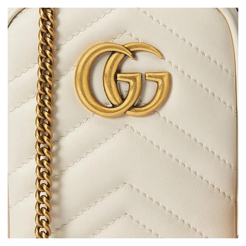 Gucci GG Marmont distressed vintage gold hardware V-shaped quilted leather coin purse mini women's white