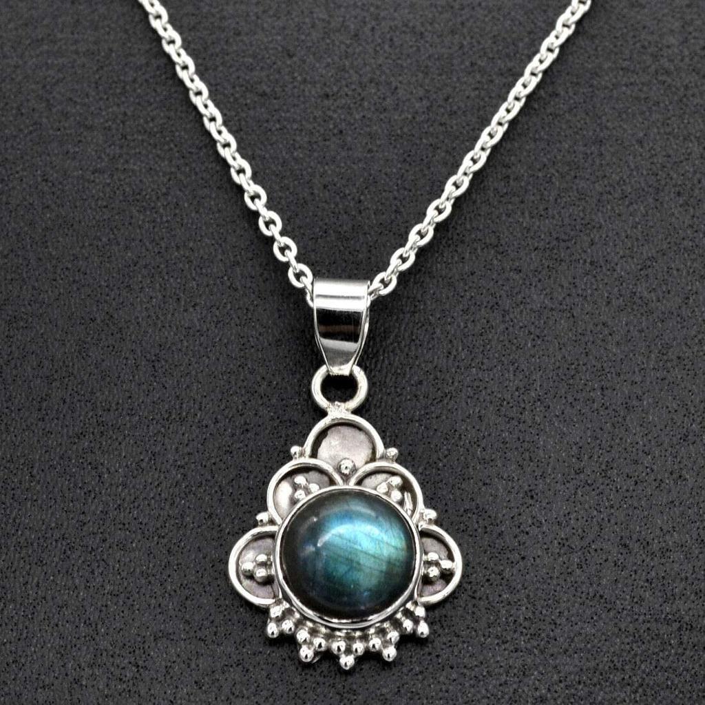 Круглый кабошон Натуральный лабрадорит (8,80 карата) Ожерелье с подвеской Твердая подвеска из стерлингового серебра 925 пробы с цепочкой
