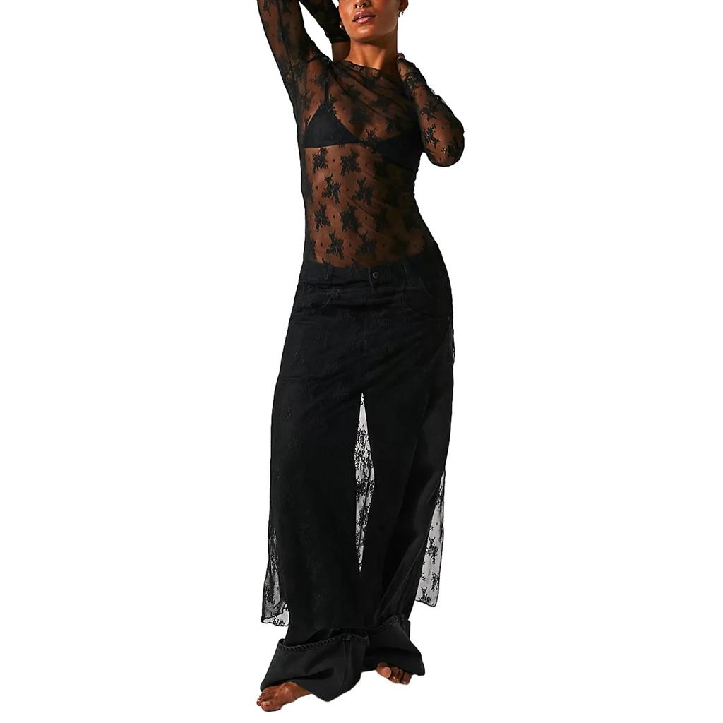 Women 's See-Through Lace Dress, Long Sleeve Round Neck Slit Hem Dress Chemise Beach Vacation Party Wear