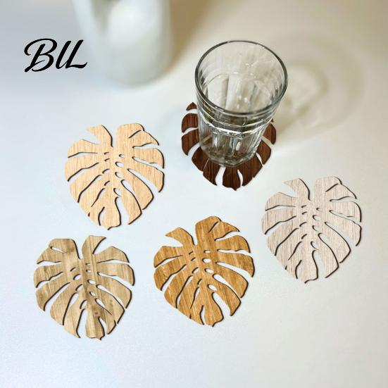 Tea Cup Coaster 5Pcs Tropical Leaf Coasters Wooden Drink Mats for Kitchen Bar Table Summer Style Protection Monstera Shape Heat-Resistant Mat