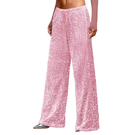 Женские брюки с высокой посадкой, широкими штанинами, повседневные брюки с пайетками, эластичным поясом на кулиске, праздничные брюки
