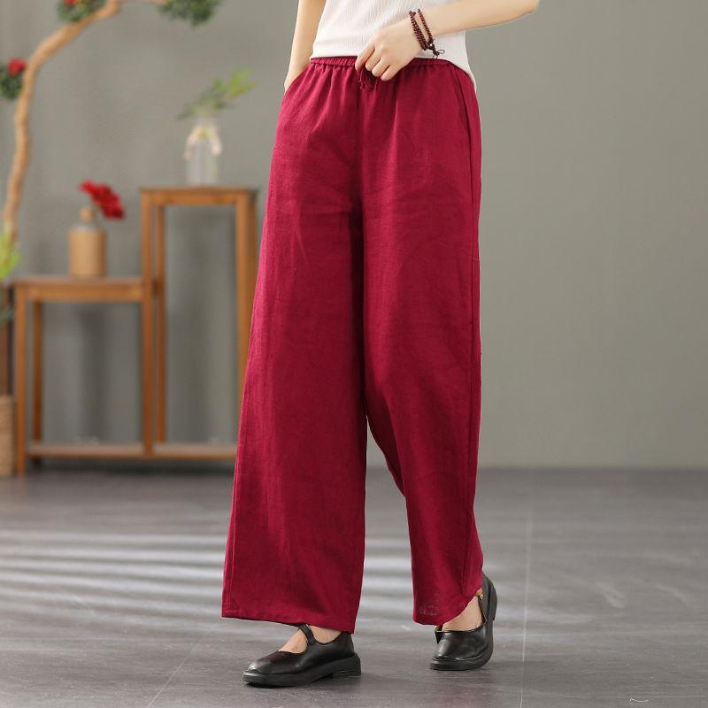 Женские брюки-шаровары, летние повседневные винтажные хлопковые льняные брюки с эластичной резинкой на талии, широкие брюки, модные свободные карманы, женские брюки