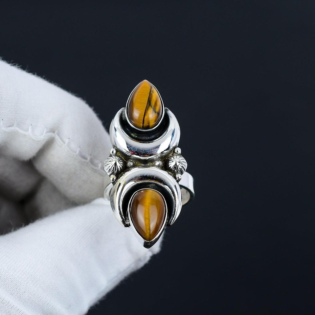 Кольцо из серебра 925 пробы с тигровым глазом, регулируемое по размеру — подходит для размеров США от 6 до 10 — украшения ручной работы в стиле бохо для женщин и мужчин, подарки на День святого Валентина
