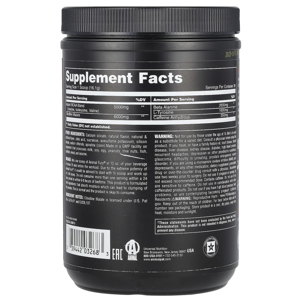 Fury®, Pre-Workout Powder, Green Apple Flavor, 483G (1.06Lb)