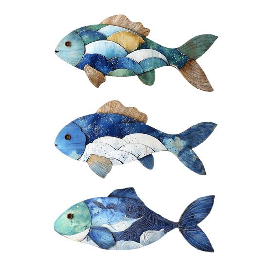 3/4Pcs/Set Wooden Fish Wall Decoration Farmhouse Rustic Nautical Turtle Shell Starfish Wall Art Sculpture Home Living Room Bathroom Wall Decorative