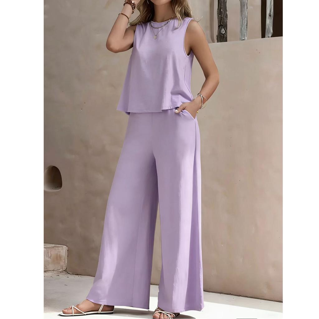 Women's Sleeveless Vest and Trousers Two Piece Set Solid Color Two Piece Round Neck Top Pants Suit Casual Set Vacation