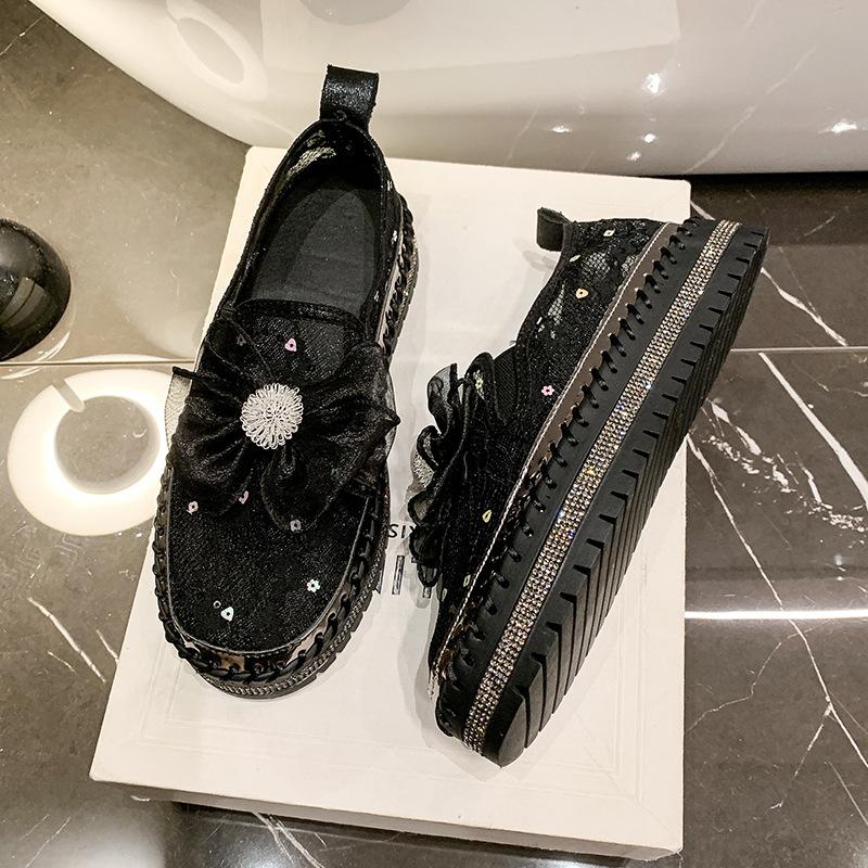 Летние туфли-маффины из сетки со стразами на толстой подошве, повседневные одинарные туфли, женские блестящие с бантом, на толстой подошве, с прострочкой