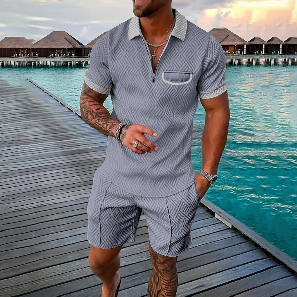 Мужской летний однотонный комплект из рубашки с коротким рукавом, карманом на молнии и лацканами, шортами