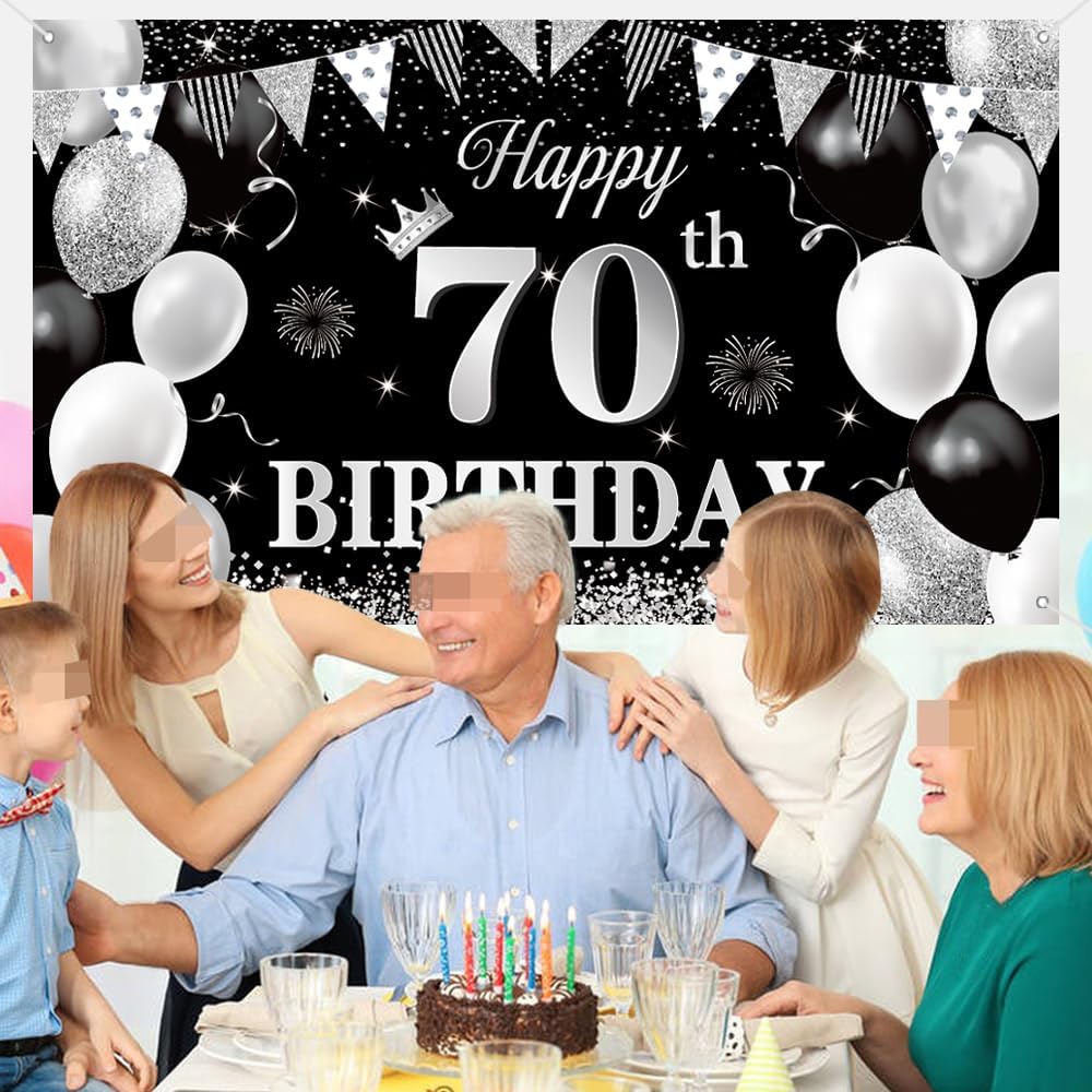 70 Birthday decoration for men and women 70 Happy Birthday Banner Large Black silver Birthday Background Banner 70 Week Commemorative Birthday Party