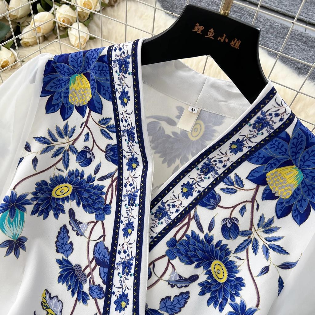 Великолепное шифоновое платье с цветочным принтом и рукавами-фонариками, бандажное платье со шнуровкой и запахом, женское платье с крестообразным V-образным вырезом, плотная атласная одежда для вечеринок в стиле бохо