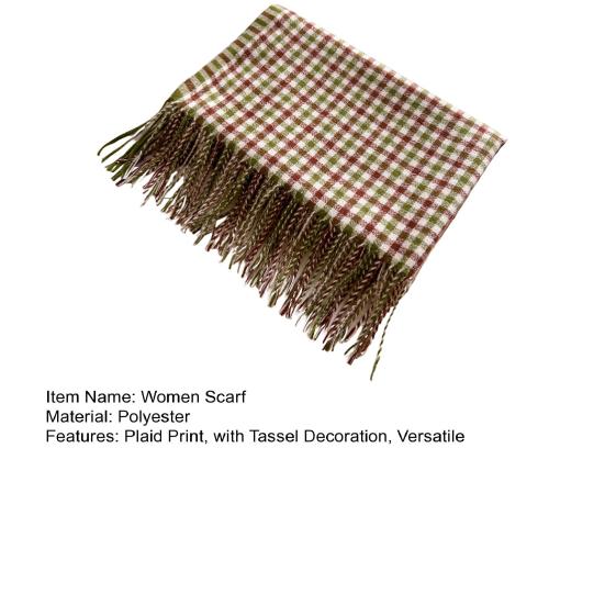 Women Scarf Plaid Print Knitting Shawl with Tassel Decoration Warm Scarf Versatile Comfortable Hair Accessory