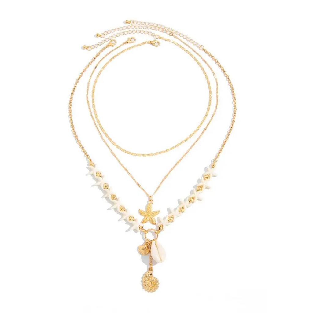 Salircon 3Pcs/Set Boho Gold Color Starfish Scallop Conch Pendant Necklace New Summer Beach Adjustable Metal Choker Charm Jewelry
