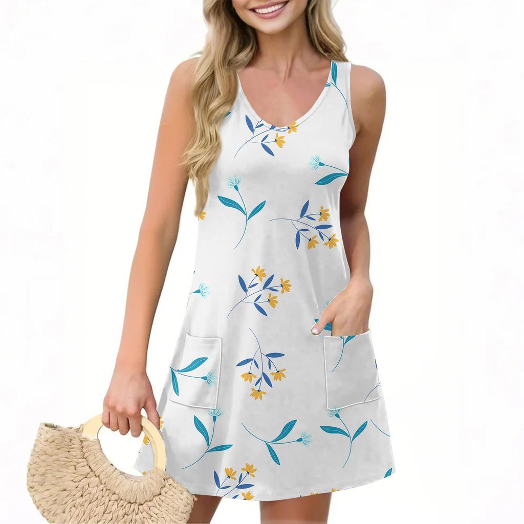 Женское повседневное летнее платье-жилет с карманами, цветочным принтом, V-образным вырезом, без рукавов