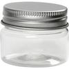 Small Transparent Plastic Jar with Gray Metal Screw Lid. Ref 13178