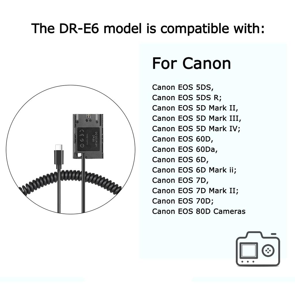 Raeisusp Spring Cable DC Coupler Dummy Kit Compatible with Canon EOS 5D Mark 6D Mark 7D Mark II Type-C DR-E6 LP-E6 USB-C 90D, 80D, 70D, 60D, R, R5,