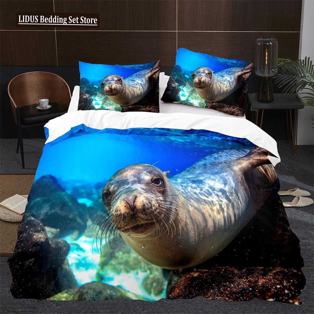 Пододеяльник Морской лев размера кинг/квин, милый комплект постельного белья с морскими животными для детей, мальчиков, девочек, синий, море, пляж, полиэстер, чехол для одеяла