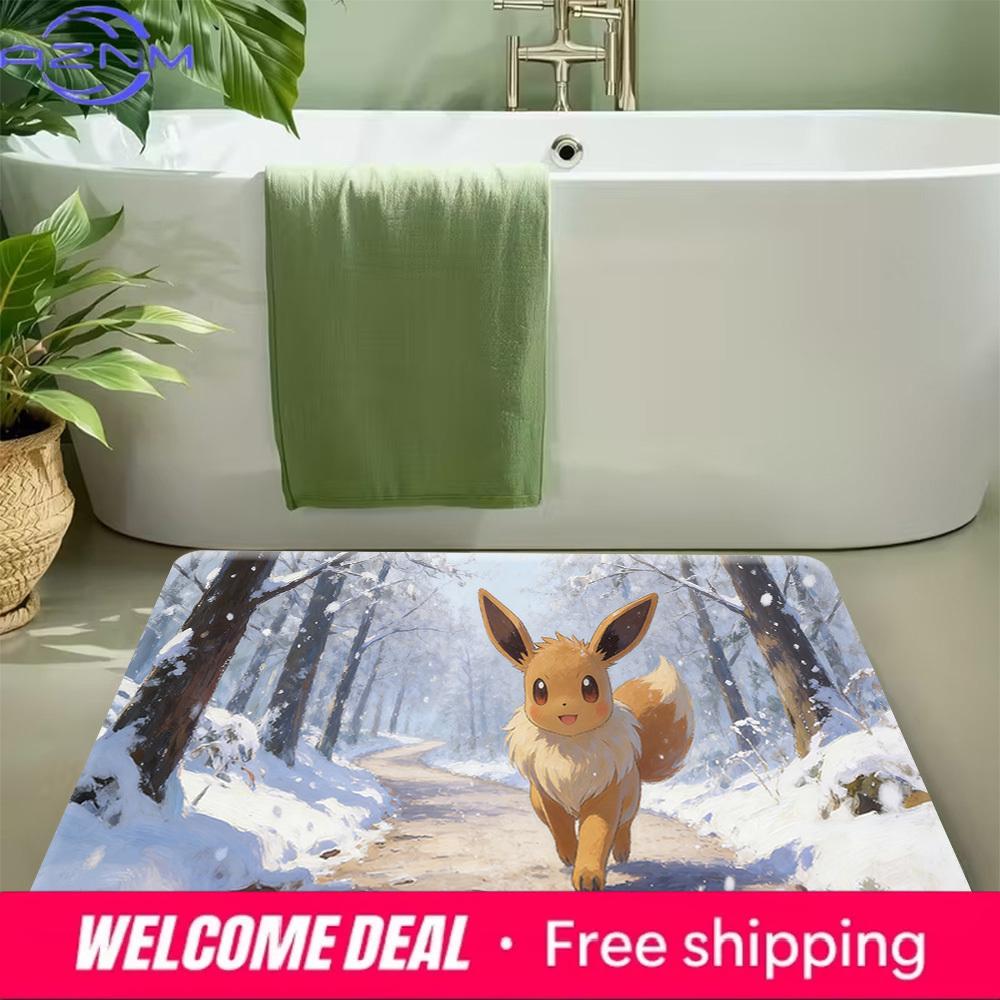 Pokemon Eevee Snow Forest Print Doormat Anti-slip Absorbent Floor Mat for Home Entrance Bedroom Living Room Decor