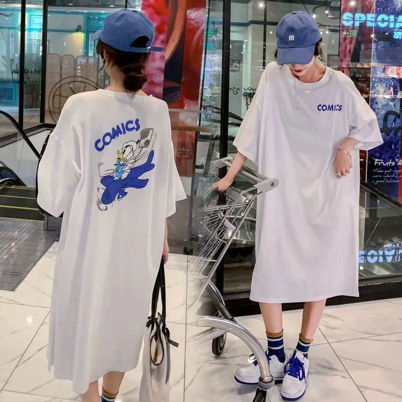 Letter print short-sleeve dress for women, new summer round neck loose slimming versatile casual slit T-shirt