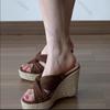 Fashion Women's Thick Bottom Slippers Summer Outdoor Wear Roman Straw Weave Wedges High Heels Sandals Casual Heightening Brown Slides