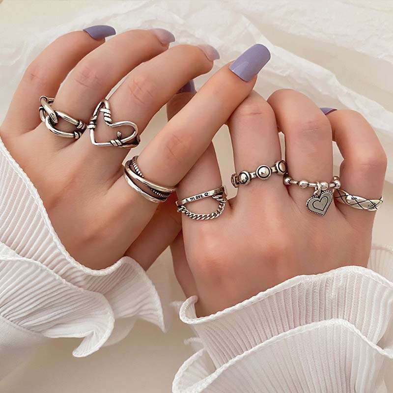 7 шт./компл. набор колец в стиле панк для женщин серебряного цвета ретро геометрические цепочки кольца в форме сердца хип-хоп украшения вечерние индивидуальные аксессуары элегантные составные кольца