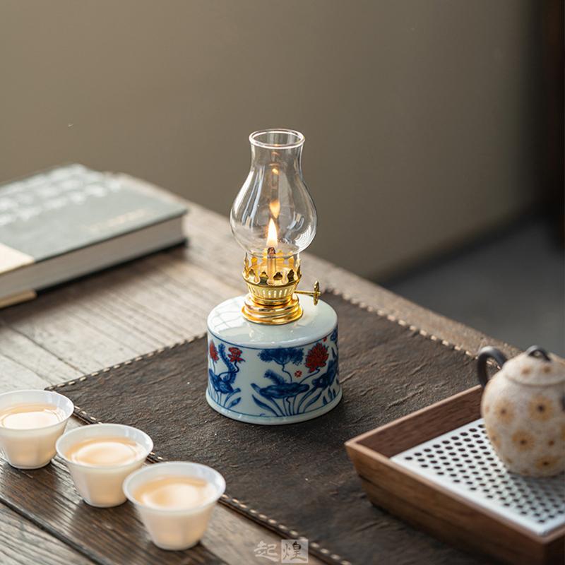 Китайский стиль Масляная лампа Винтажные поделки Чайный домик Керосиновая лампа Кабинет Спальня Керамические лампы Гхи Нарисованные вручную узоры Украшения