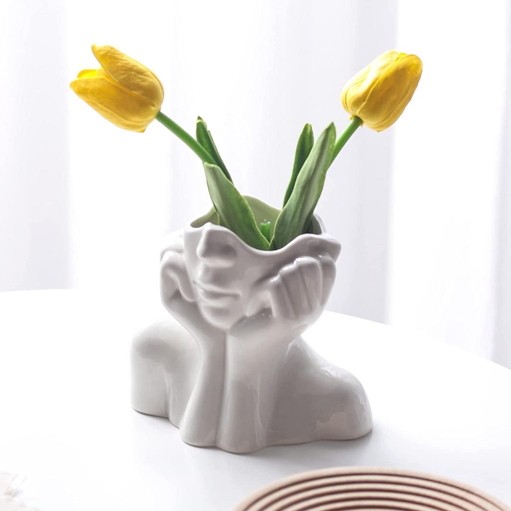 Face Vase White Girl Flower Vase for Home Decor, Modern Ceramic Figurines Vase, Sculpture Art Decorations for Living Room Centerpiece Table Wedding
