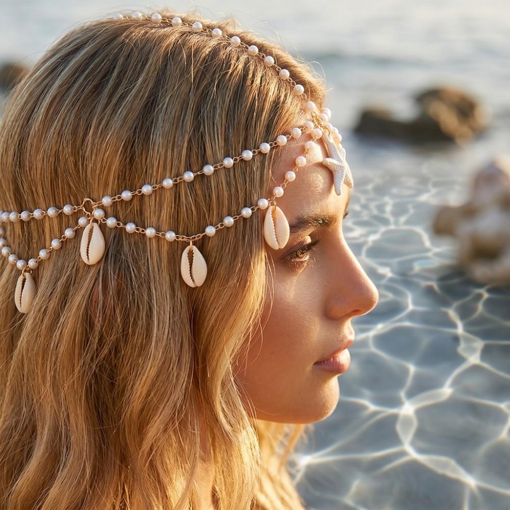 Ocean Style Bohemian Hair Chain Starfish Beaded Head Piece Boho Head Chain Summer Vacation