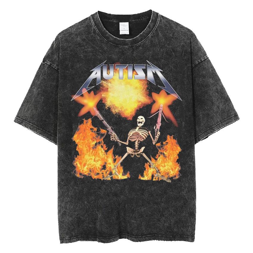 Mens Clothes Tee Shirt Homme TShirts Men Autism Skeleton Meme Human Funny Skull Washed Short Sleeved Round Neck Yk Tshirt