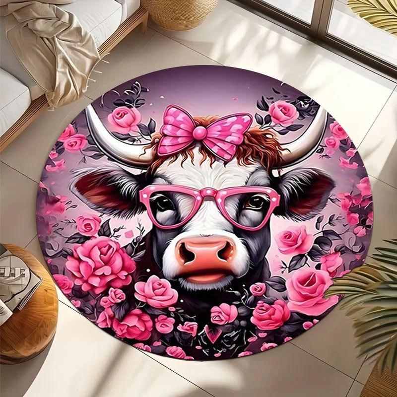 The Charming Highland Cow Round Carpet Featuring A Pink Floral Design Is Suitable for Decoration in Living Rooms Bedrooms