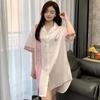 Summer Stain Nightdress for Women Short Sleeve Letters Nightgowns & Sleepshirts Women Pink Sleepwear Shirt Buttons Outwear Pjs