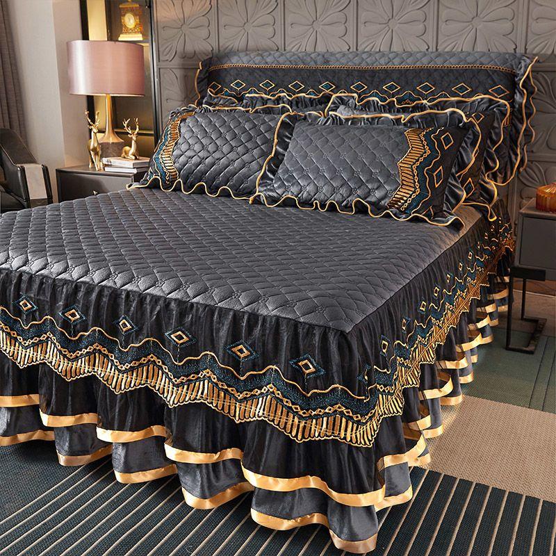 Роскошный стеганый комплект юбки для кровати с кружевной отделкой, устойчивый к сминанию и выцветанию, включает 1 юбку для кровати и 2 наволочки,