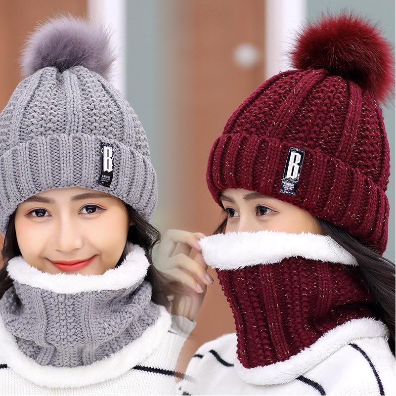 Winter Knitted Scarf Hat Set Thick Warm Skullies Beanies Hats for Women Solid Outdoor Snow Riding Ski Bonnet Caps Girl