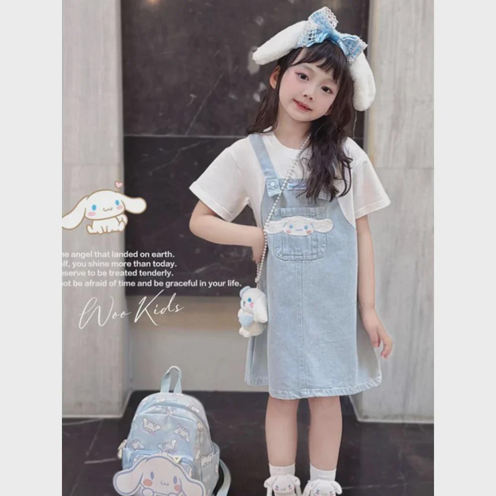 2024 Girls' Denim Overall Skirt - Summer Cinnamon Dog Two-Piece Dress