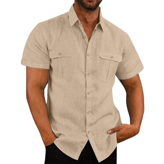 Men Summer Shirt Single-breasted Loose Chest Pockets Turn-down Collar Short Sleeves Lightweight Cardigan Button Formal Business Beach Top