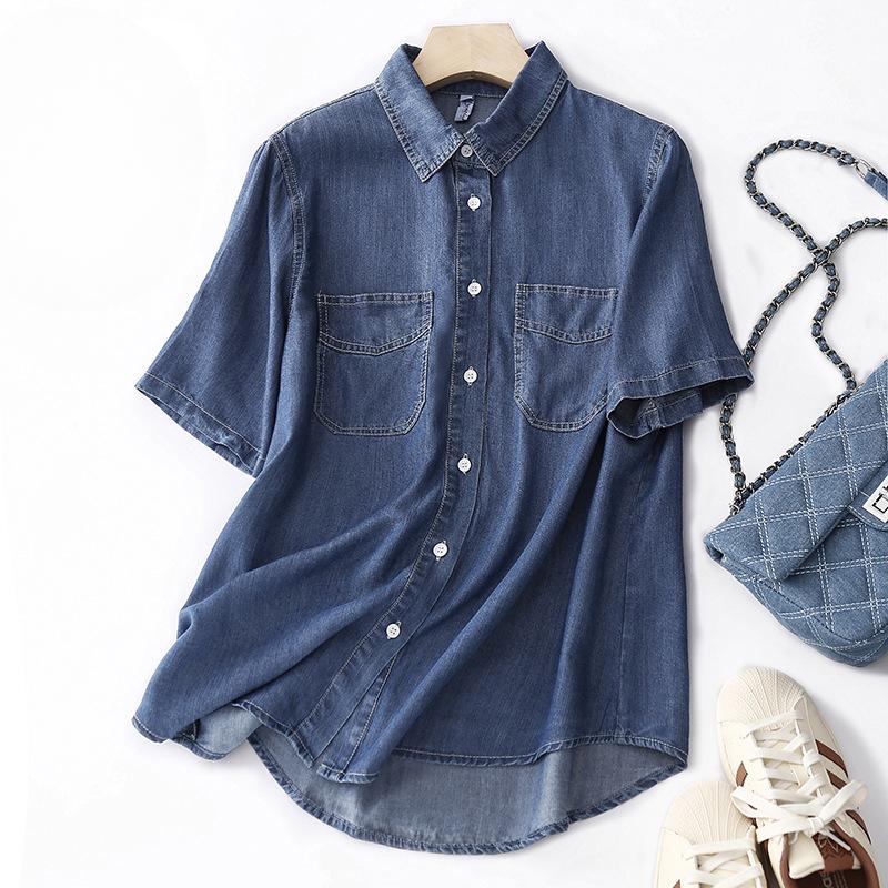 Summer Denim Shirt Short Sleeved Loose Top Tencel Shirt Blouses & Shirts