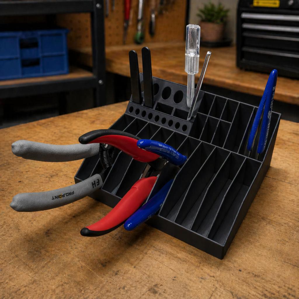 Black workshop tool organizer for screwdrivers and pliers
