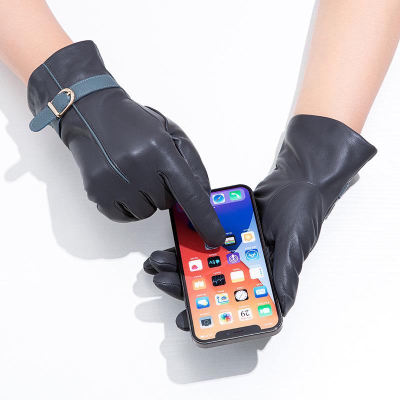 Модные женские перчатки из натуральной цветной овчины для сенсорных экранов Теплые флисовые перчатки для вождения осенью и зимой