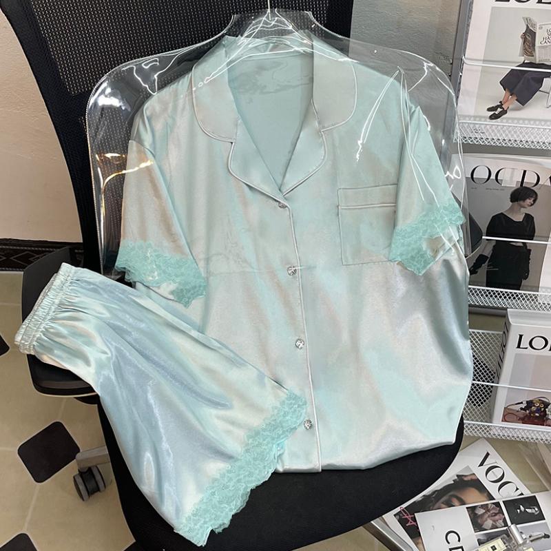 Летняя новая женская милая атласная пижама с цветочным принтом, короткий рукав + брюки, женская милая домашняя одежда, повседневная одежда